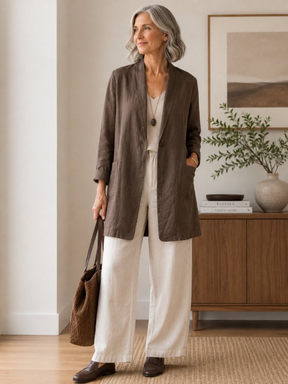 Eileen Fisher Linen Blazer Longline Jacket Brown Relaxed Minimalist Lagenlook M
